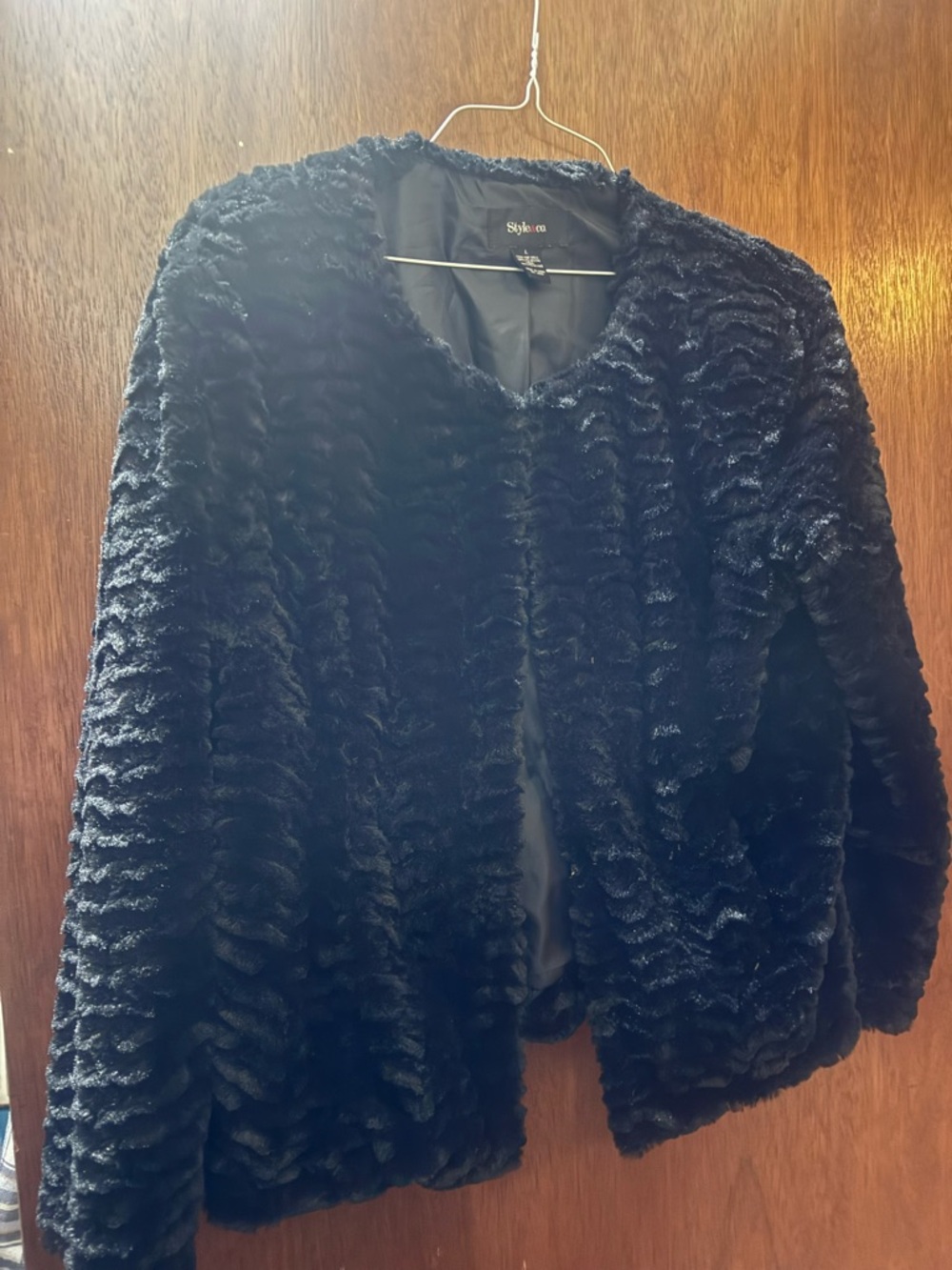 Style & Co. Black Plush Faux Fur Coat